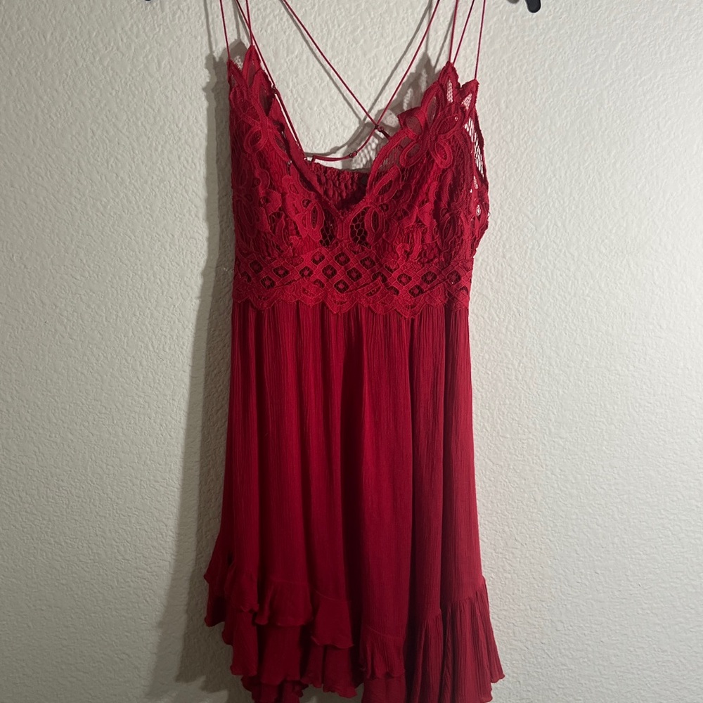 Free People Adella Red Lace Dress Boho SZ XL Beach Peasant Red Lace-Trim Swing - Picture 5 of 12